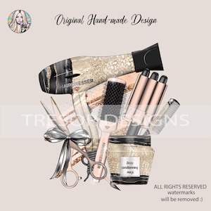 Può includere: Un set di strumenti per lo styling dei capelli che include un asciugacapelli nero e oro, una piastra per capelli ricci dorata, una spazzola per capelli nera e oro, un paio di forbici dorate e un barattolo dorato con un'etichetta nera che recita "Maschera per capelli condizionante profonda".