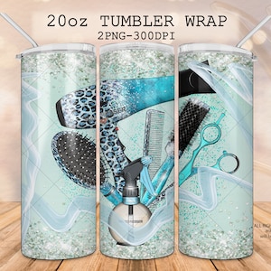 Niebieski lampart Fryzjer projekt 20 oz tumbler wrap, cyfrowa ilustracja akcesoriów fryzjera, suszarka do włosów, nożyczki, grzebień, błyszczący spray PNG