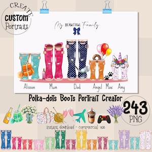 Polka-dots Rain boots portrait creator, custom family wellies, polka-dots boots png, gumboots clipart, family portrait, shoes commercial use