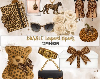 Leopard Clipart Bundle – 12 PNG 300 DPI Fashion Leopard Print Accessories, Luxury Digital Download, Cheetah Pattern Aesthetic