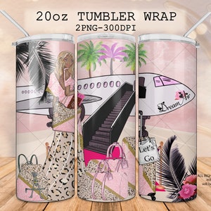 Chica de viaje envoltura de vaso de 20 oz, vaso flaco de chica afroamericana, vaso Vacay, vaso de avión, equipajes de mujer de moda, diseño rosa leopardo