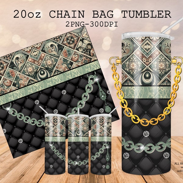 20 oz luxury chain bag tumbler black and green diamond design seamless template, sublimation wrap, fashion chain bag tumbler, geometric wrap