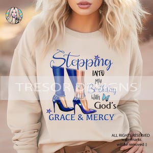 Blauwe hoge hakken verjaardag clipart, sublimatie Faith Birthday, mijn verjaardag binnenstappen met Gods genade en barmhartigheid PNG, digitale download png