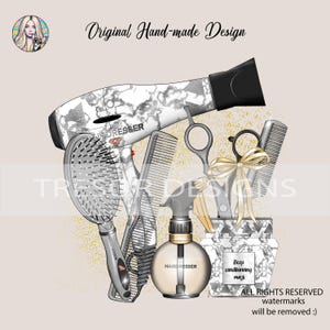 Logotipo de camiseta de peluquería gris PNG, diseño de peluquería de mármol, estilista png, salón de belleza, secador de pelo png, tijeras, peine,