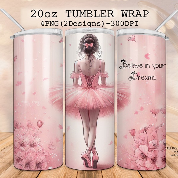 Pretty teen ballerina girl 20oz Tumbler Wrap, Kids Sublimation Digital skinny Pink Girly Tumbler, Ballerina, Dance, flowers, ballet slippers