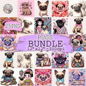 BUNDLE Pug dogs Clipart, Cute japanese Pugs, funny Pug animal pets sublimation stickers, planner girl clipart, dogs clipart, watercolor Pugs