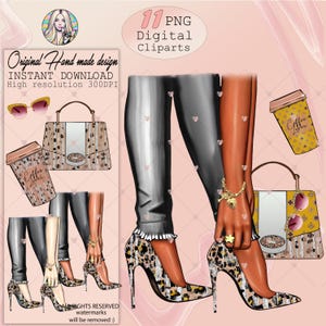 Estampa animal Sapatos de salto alto, pernas de mulher negra, jeans, bolsa linda, chefe gostosa, café, adesivos digitais, Erin Condren planner clipart