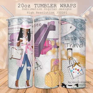 Reise schwarzes Mädchen Tumbler Wrap png, Vacay Tumbler, 20 Unzen skinny Tumbler, Flugzeug Tumbler, Afro-Amerikanische Frau, Mode Luxus Gepäcks png