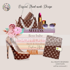 Stapel Bücher Mode-Design Clipart PNG, Planer Mädchen PNG, Sublimation Handwerk Produkte, Frau Fersen PNG, Luxustasche und Lippenstift, Brille