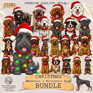 Puede incluir: Ilustración digital de un conjunto de perros de varias razas, cada uno con un gorro de Papá Noel y luces de cadena. El texto dice "CHRISTMAS Mountain & Molossers Dogs BUNDLE".