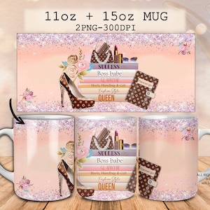 Tasse de 11 oz et tasse de 15 oz Boss babe design, tasse de sac à main, talons hauts png, pile de livres, rouge à lèvres, beauté glam design png, tasse à sublimation png