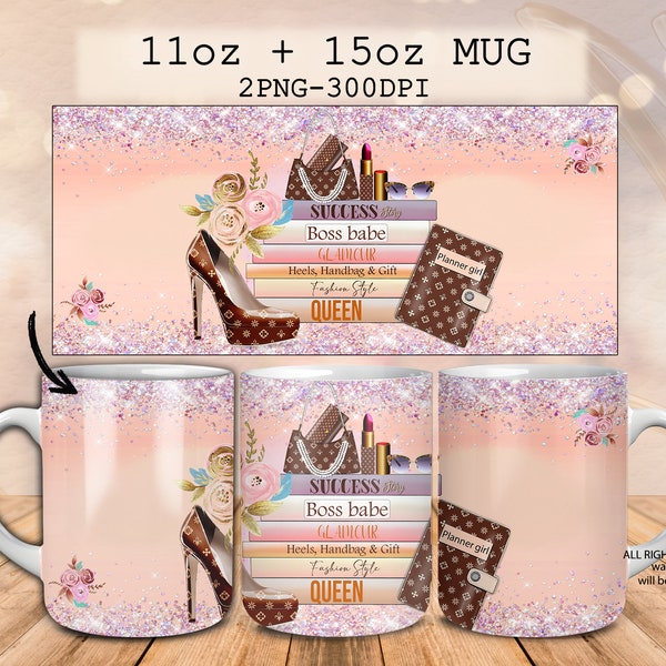 Boss babe design 11 oz mug and 15 oz mug, Handbag mug, High heels png, Stack of books, lipstick, beauty Glam design png, sublimation mug png