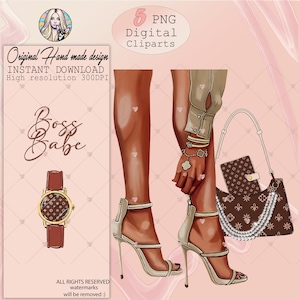Afro-Amerikaanse vrouw benen clipart, hakken, handtas, planner, horloge, boss babe design, sublimatie digitale stickers, papier, kaart, outfit