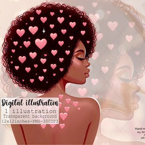 Può includere: Illustrazione digitale di una donna con capelli afro marroni scuri decorati con cuori rosa. La donna ha la pelle marrone e guarda a destra. Lo sfondo è rosa tenue con un'immagine sfocata della donna sullo sfondo.