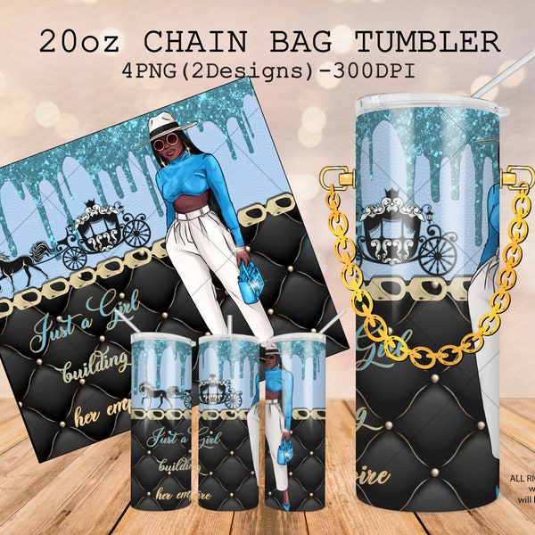 Chain bag tumbler luxury design, Afro-american fashion girl wrap, 20 oz fashion tumbler wrap, blue template png, digital carriage tumbler