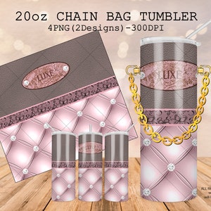 20 oz luxe kettingtas tuimelaar ROZE lederen ontwerp naadloze sjabloon, sublimatie LUXE wrap, modeketen tas tuimelaar, glitter diamant PNG