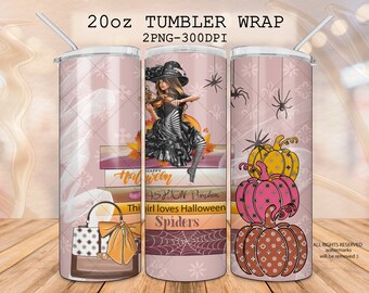 May include: A 20oz tumbler wrap with a Halloween theme. The design features a witch playing a violin, pumpkins, spiders, and the words "Happy Halloween". The tumbler has a pink background with a repeating pattern.