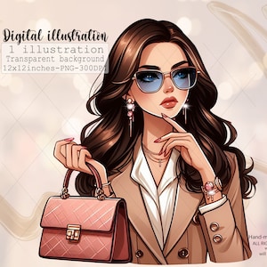 Cute brunette girl with long hairs, Fashion illustration prints for planner, spring summer fall clipart, Fashion handbag, planner stickers