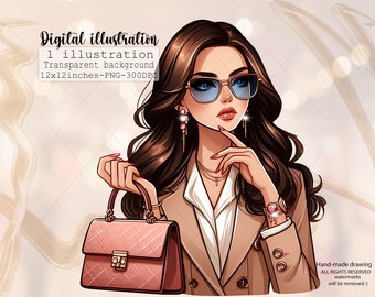 Brunette Fashion Girl Clipart: Elegant Woman PNG (Digital Download)