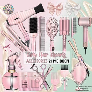PAQUETE de accesorios de clipart para cabello femenino, clipart de estilista, paquete de estilista, tienda de negocios de peluquería, diseño de logotipo de peluquería