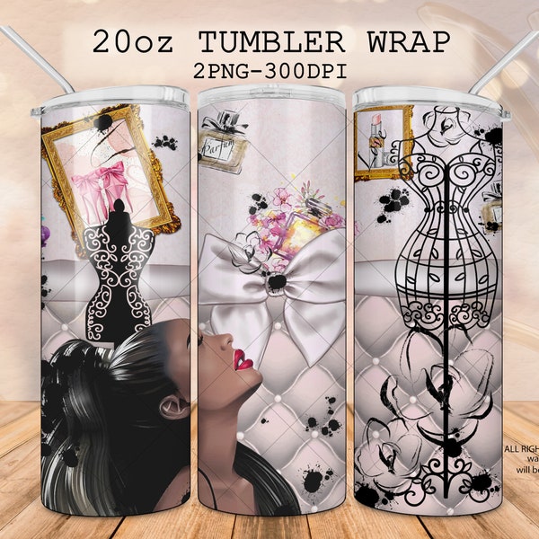 Fashion girly design tumbler wrap, 20oz tailors dummy, Sublimation fashion mannequin, lipstick, fragrance, black girl wrap, sewing wrap PNG