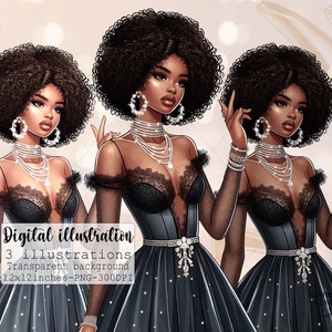 Afroamerikanermädchen mit schwarzem Kleid Clipart, Print-on-Demand-Grafiken, Mädchen Clipart, niedliche Mode Mädchen Sublimation Design schwarze Magie Mädchen