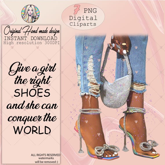 Diamond High Heels Clipart: Black Woman, Denim Jeans (Digital Clipart)