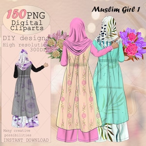 DIY muslimische Mädchen Schöpfer Clipart, Besties muslimische Frau mit Blumen, Ramadan Sublimation Aïd, digitale muslimische Mädchen islamische Schwestern Designs