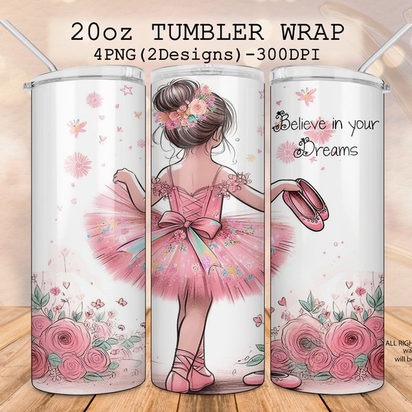 Pretty ballerina girl 20oz Tumbler Wrap PNG, Kids Sublimation Digital skinny Pink Girly Tumbler, Ballerina, Dance, flowers, ballet slippers