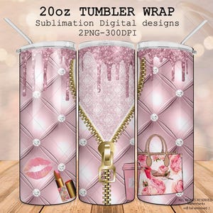 Pink girly fashion design 20 oz tumbler wrap, Glam design png, luxury pink template with zipper, fashion bag, beauty tumbler rhinestones