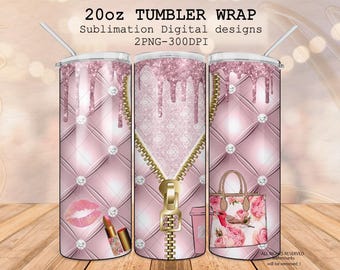 May include: A sublimation design for a 20oz tumbler wrap featuring a pink and gold zipper, a pink quilted background with rhinestones, and a pink handbag with flowers and a bird. The design is 300 DPI and comes in two PNG files.