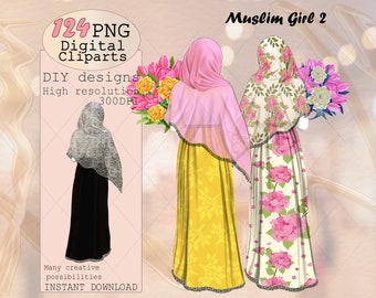 Clipart de chicas musulmanas: Moda con hiyab, arte para el Ramadán (Descarga digital)