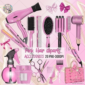 PAQUETE de accesorios de clipart para cabello rosa, clipart de estilista de cabello, paquete de estilista de cabello rosa, negocio de peluquería png, diseño de logotipo de peluquería png
