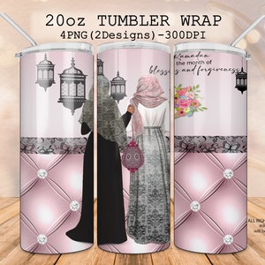 May include: Two women wearing traditional Islamic clothing and headscarves are holding lanterns. The background is a pink and white design with a diamond pattern. The text "Ramadan the month of blessings and forgiveness" is on the right side of the image.