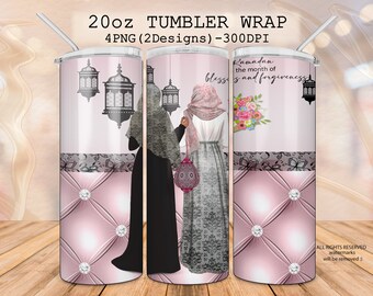 Ramadan tumbler wrap, 20 oz skinny muslim girl tumbler, sublimation straight and tapered wrap, Aïd mubarak kareem islamic lantern sisters