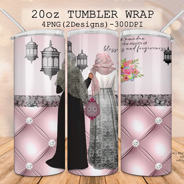 Ramadan tumbler wrap, 20 oz skinny muslim girl tumbler, sublimation straight and tapered wrap, Aïd mubarak kareem islamic lantern sisters