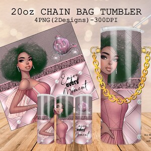 20 oz luxury pink carriage tumbler wrap, sublimation chain bag tumbler, Fashion luxury diamond design, pretty afro girl , instant download