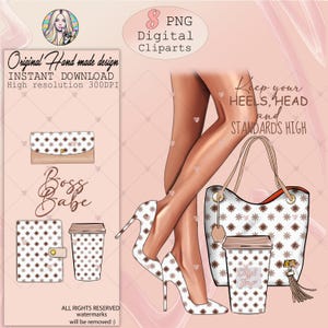 Conjunto de imágenes prediseñadas de accesorios de moda, zapatos de tacones altos, piernas de mujer PNG, bolso de lujo, nena jefa, café, planificador, billetera, pegatina de imágenes prediseñadas femeninas