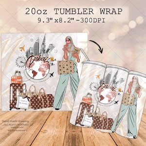 20oz reisbeker, Travel Dubaï stad Tumbler wrap, moslimvrouw tuimelaar, digitale mode tuimelaar, Afro-Amerikaanse vrouw, afro-amerikaanse vrouw png