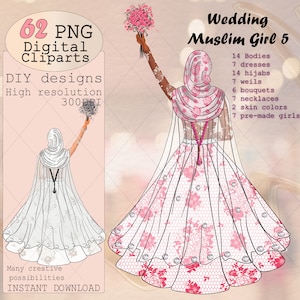 DIY portrait créateur mariage femme musulmane clipart, Filles musulmanes de mariage avec des fleurs, juste mariées, Clipart de mariage, utilisation commerciale musulmane