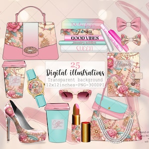 Fleurs clipart accessoires mode fille, design rose pastel et vert, autocollants pour agenda, sacs à main, talons, pile de livres, rouge à lèvres, café