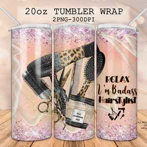 Badass Hairstylist design 20 oz Becher, Friseur wrap, Leopard Friseur Zubehör Vorlage, Haartrockner, Schere, Kamm, Haarmaske png