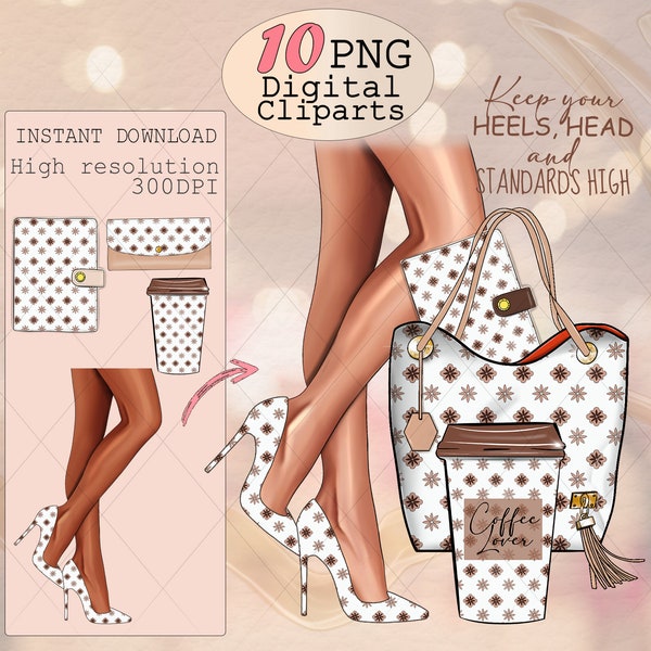 Fashion accessories clipart set, High heels shoes, woman legs PNG, luxury handbag, boss babe, coffee, planner, wallet, girly clipart sticker