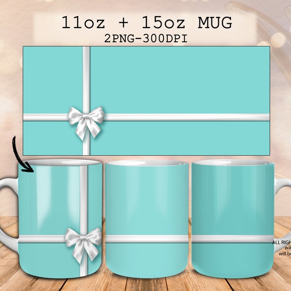 Ruban turquoise design 11 oz mug and 15 oz mug,  sublimation mug, Luxury blue turquoise template digital straight wrap instant download PNG