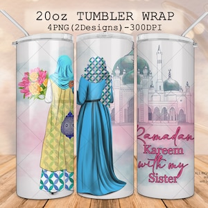 May include: Two women wearing traditional Islamic clothing stand in front of a mosque. The woman on the left is holding a bouquet of flowers. The woman on the right is wearing a blue dress. The background is a pink and white watercolor design. The text "Ramadan Kareem with my Sister" is written in black lettering on the right side of the image.