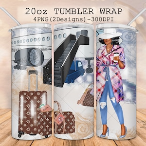Vaso de 20 oz para chica de viaje, envoltorios para chica afroamericana, vaso delgado para chica de viaje, vaso Vacay, vaso de avión, vaso de equipaje de moda