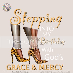 Scarpe con stampa animalier Clipart di compleanno, Sublimazione di tacchi gialli leopardati, Entrando nel mio compleanno con la grazia e la misericordia di Dio Clipart digitale