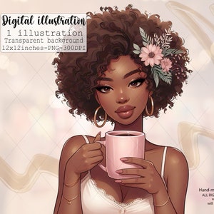 Afro-Amerikaanse vrouw met kopje koffie clipart, mokup, zwarte Amerikaanse illustratie, krullend haar met bloemen, digitale planner meisje clipart