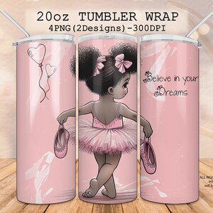 Envoltura de vaso de bailarina afroamericana de 20 oz, envolturas rectas y cónicas, vaso de bailarina negra, regalo de zapatillas de ballet, globos, sueños