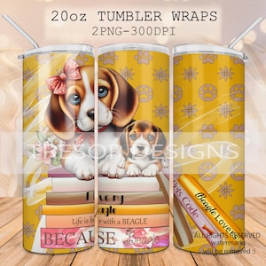 Beagle Dog tumbler wrap, Beagle animal pets wrap, stack of books with a cute beagle dog in a luxury bag tumbler, funny dog, pets lover